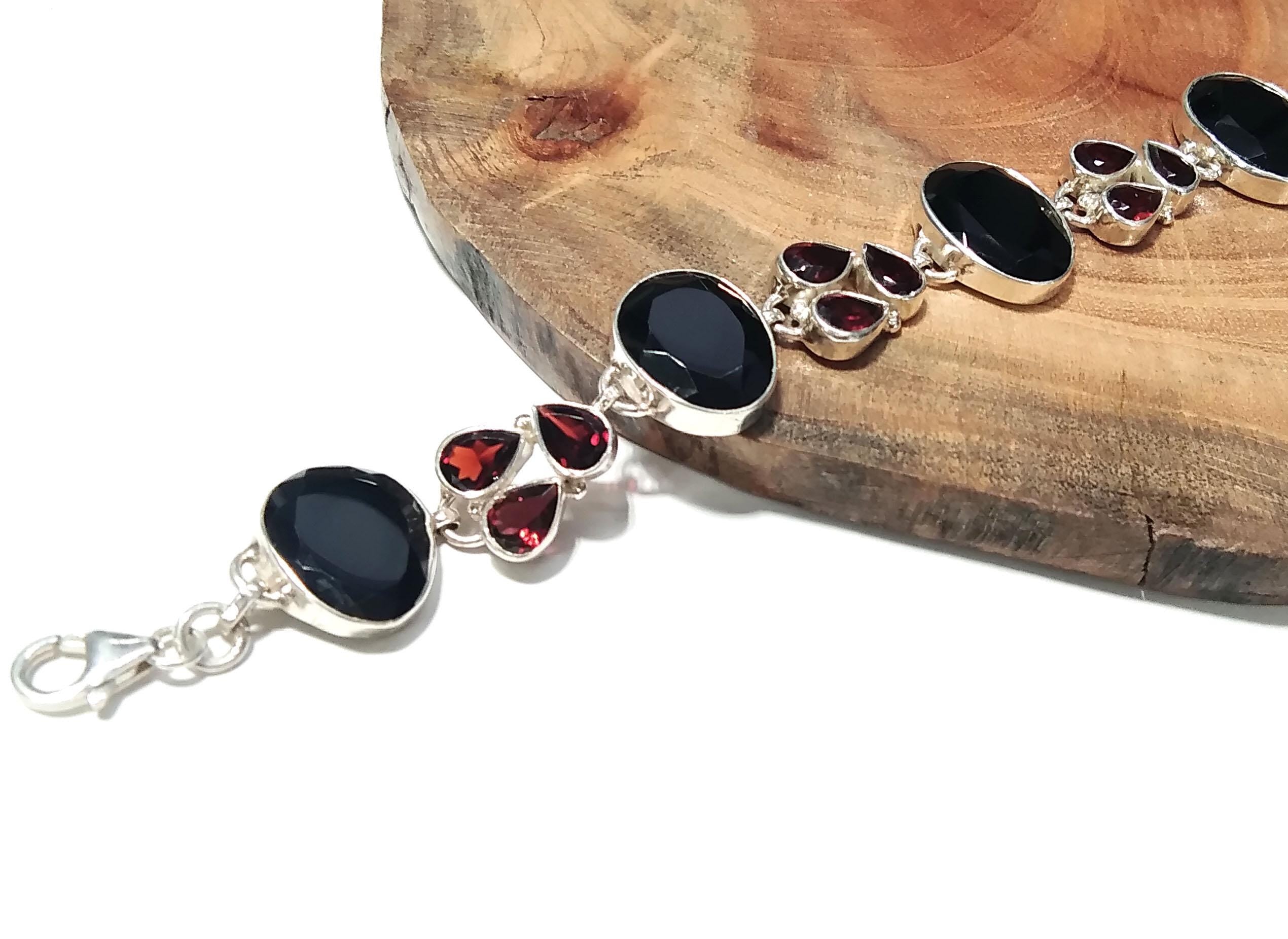 Natural Black Onyx, Garnet Gemstone Bracelet, Solid 925 Starling Silver Bracelet, 8 inches Gift Valentine day Bracelet, Handmade Jewelry